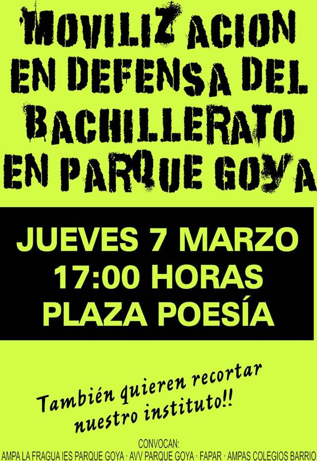 Exigimos a Educación la implantación de los estudios de Bachillerato en el IES Parque Goya