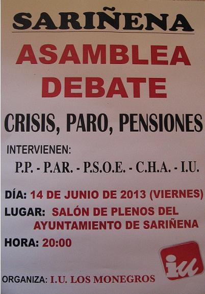 IU Monegros celebra en Sariñena un debate a cinco sobre la crisis, el paro y las pensiones