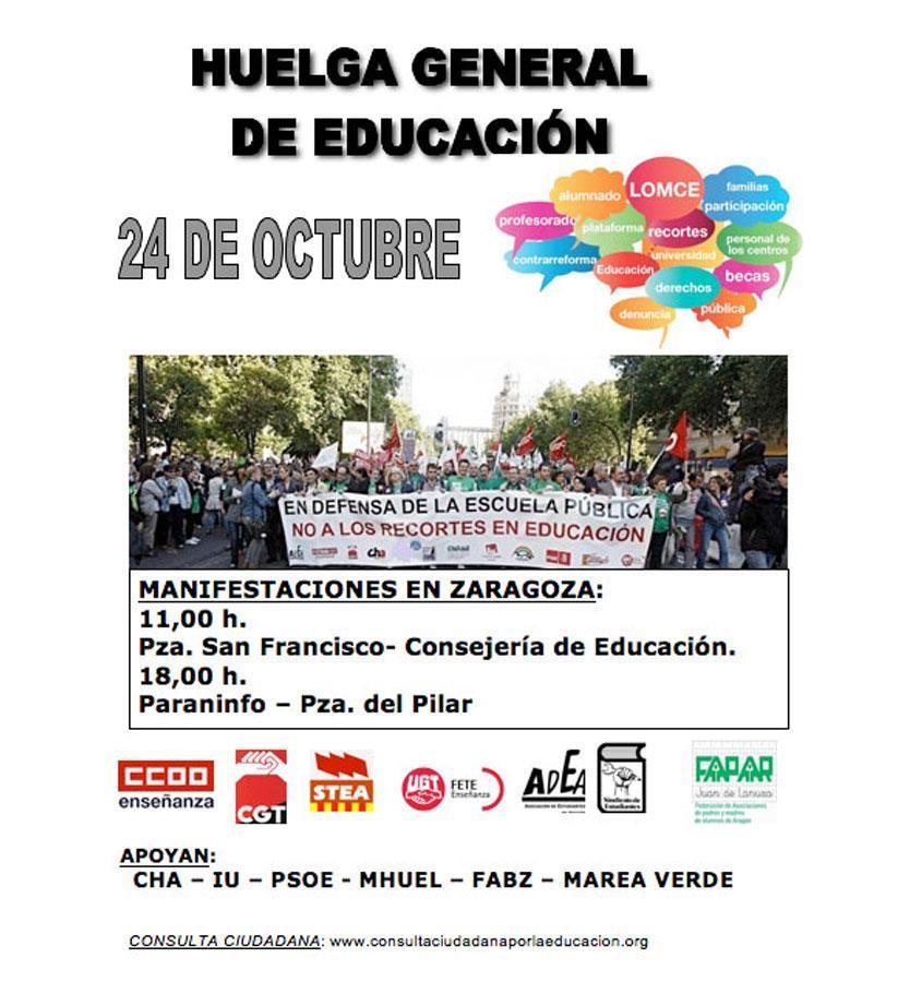 Apoyamos la semana de protestas contra la política educativa del PP que se inicia hoy y que culminará con la huelga general de la enseñanza del 24 de octubre