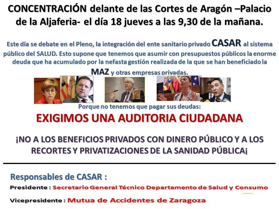 Apoyamos la concentración organizada ante las Cortes para exigir una auditoría ciudadana de la deuda del CASAR