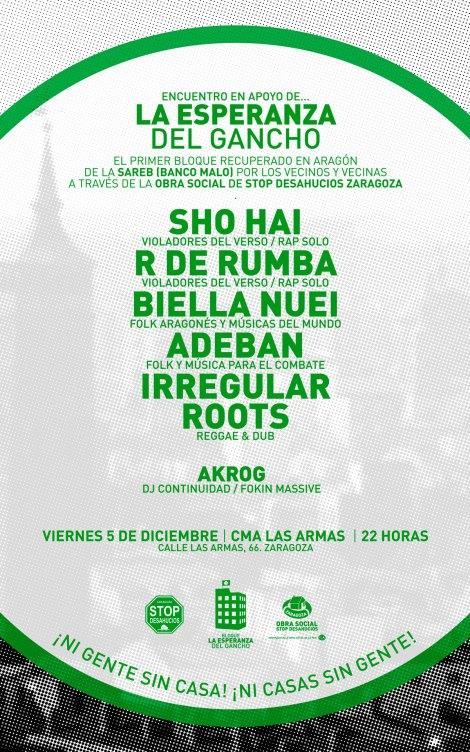 Este viernes en CMA Las Armas de Zaragoza, concierto de apoyo a la Obra Social de Stop Desahucios