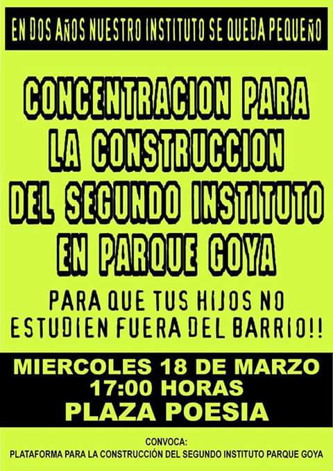 Llamamiento a la participación en la concentración para exigir un segundo instituto en Parque Goya