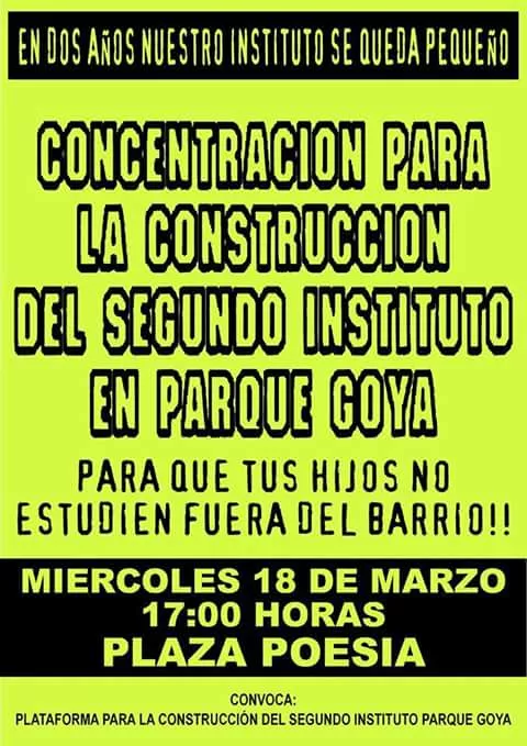 Llamamiento a la participación en la concentración para exigir un segundo instituto en Parque Goya