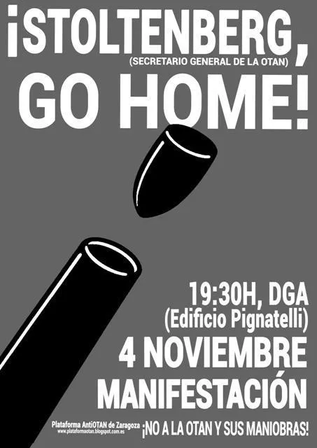 Apoyamos las movilizaciones contra la OTAN convocadas hoy en Zaragoza, Huesca y Teruel ante la visita de Stoltenberg