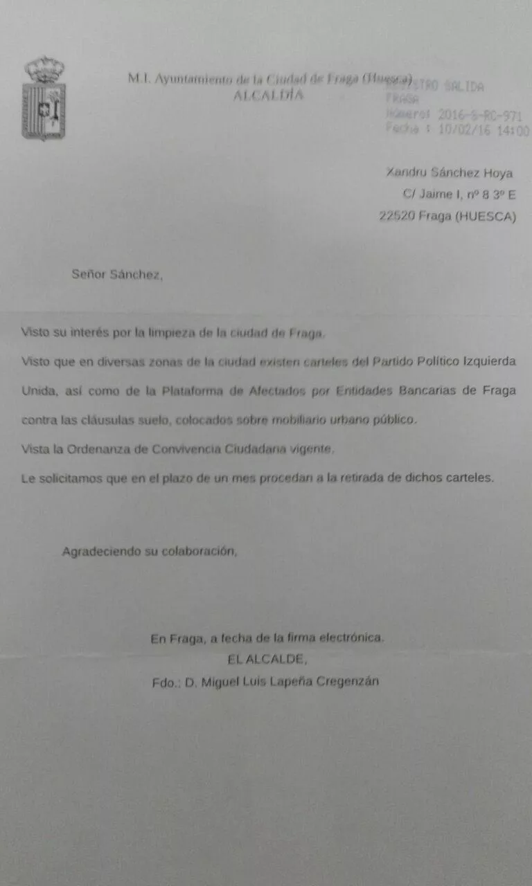 Exigimos al Ayuntamiento de fraga la instalación de paneles de uso público para que asociaciones y particulares puedan colocar carteles