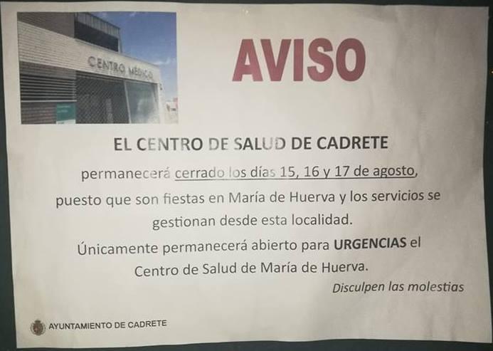 Los centros de salud de toda la Ribera Baja del Huerva permanecerán cerrados los próximos 5 días de esta semana de agosto para la atención médica primaria de sus vecinos